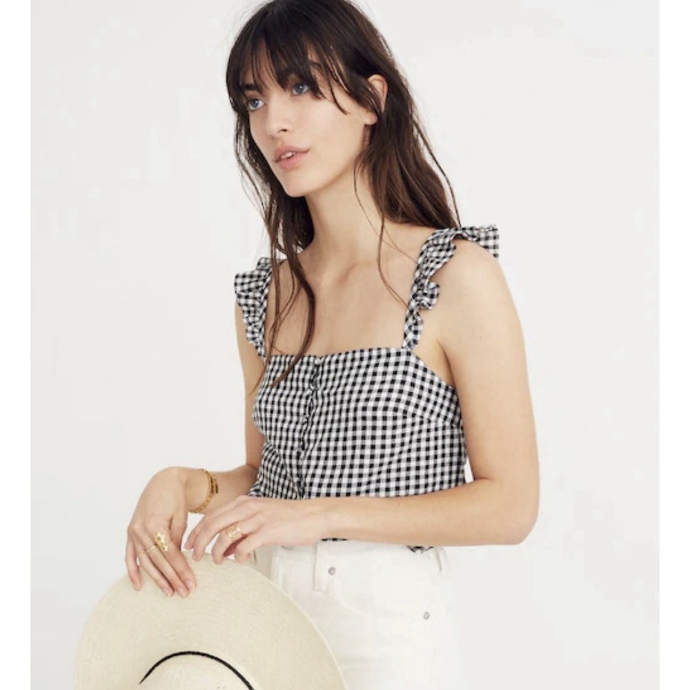 Madewell Black White Ruffle-Strap Cami Top in Gingham Check Linen Blend Size 6